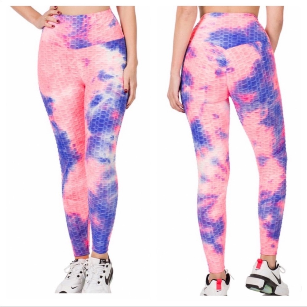 High Waist Scrunched Butt Tie Dye Honeycomb Full Length Legging, pink blue